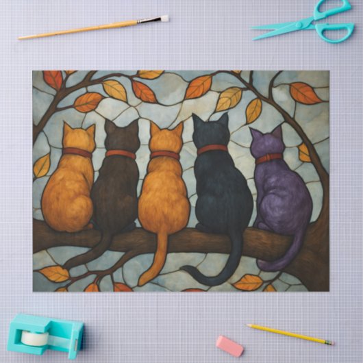 Five Cats on a Tree Branch Stained Glass Style Seidenpapier (Basteln)