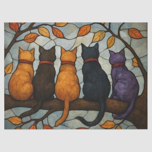 Five Cats on a Tree Branch Stained Glass Style Seidenpapier (Vorderseite)