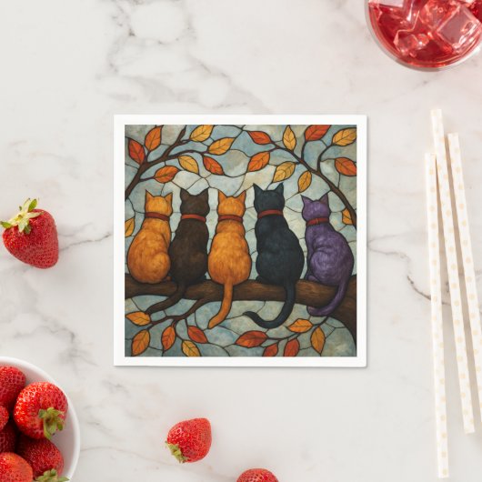 Five Cats on a Tree Branch Stained Glass Style Serviette (Beispiel)