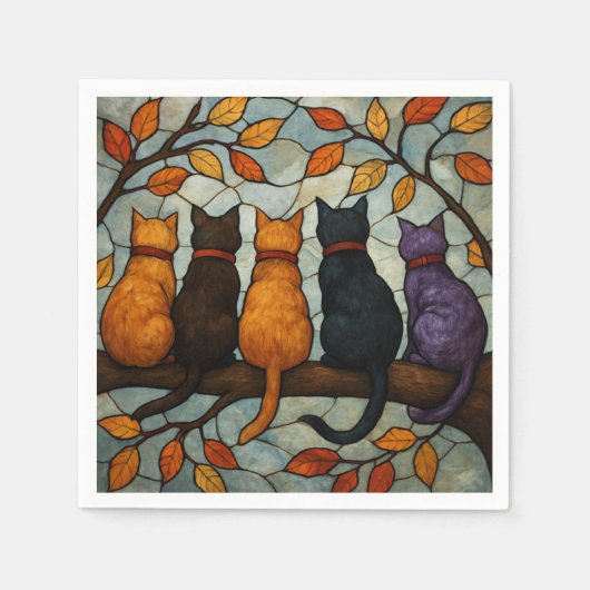 Five Cats on a Tree Branch Stained Glass Style Serviette (Vorderseite)