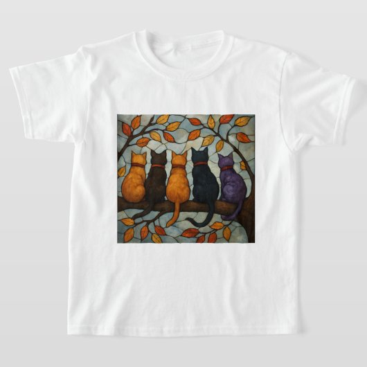 Five Cats on a Tree Branch Stained Glass Style T-Shirt (Ablage )