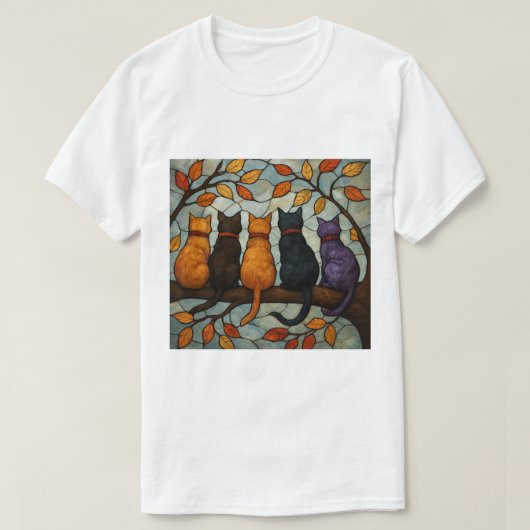 Five Cats on a Tree Branch Stained Glass Style T-Shirt (Design vorne)