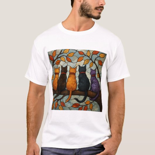 Five Cats on a Tree Branch Stained Glass Style T-Shirt (Vorderseite)