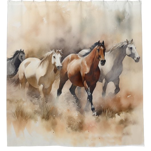 "Five Galloping Mustangs" Dusty Western Watercolou Duschvorhang (Vorderseite)