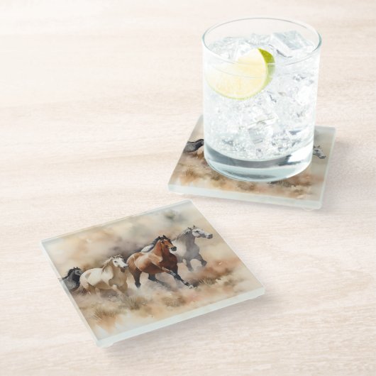 "Five Galloping Mustangs" Dusty Western Watercolou Glasuntersetzer (Schrägansicht)