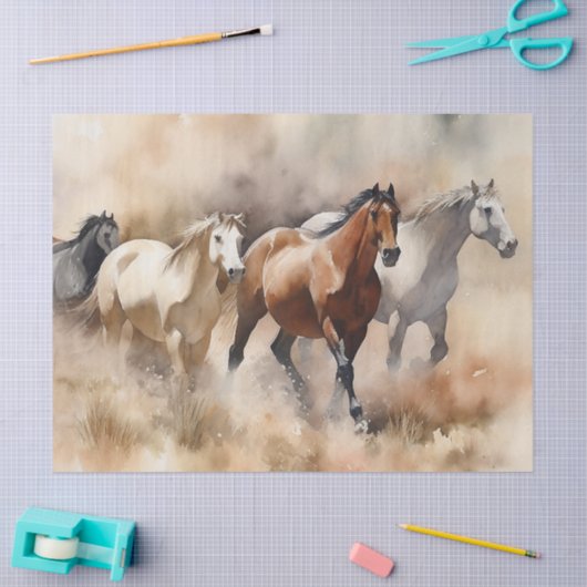 "Five Galloping Mustangs" Dusty Western Watercolou Seidenpapier (Basteln)