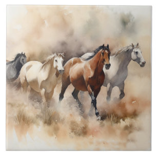 „Five Galloping Mustangs“ Staubige westliche Aquar Fliese