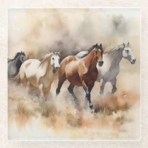 „Five Galloping Mustangs“ Staubige westliche Aquar Glasuntersetzer