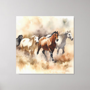 „Five Galloping Mustangs“ Staubige westliche Aquar Leinwanddruck