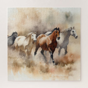 „Five Galloping Mustangs“ Staubige westliche Aquar Puzzle