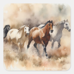 „Five Galloping Mustangs“ Staubige westliche Aquar Quadratischer Aufkleber