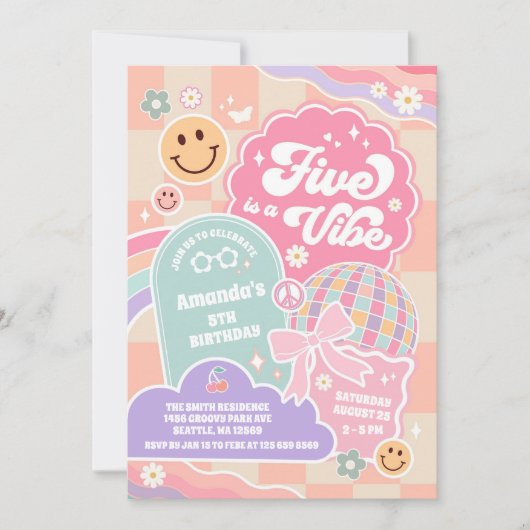 Five Is A Vibe Cloud Rainbow Disco 5th Birthday Einladung (Vorderseite)