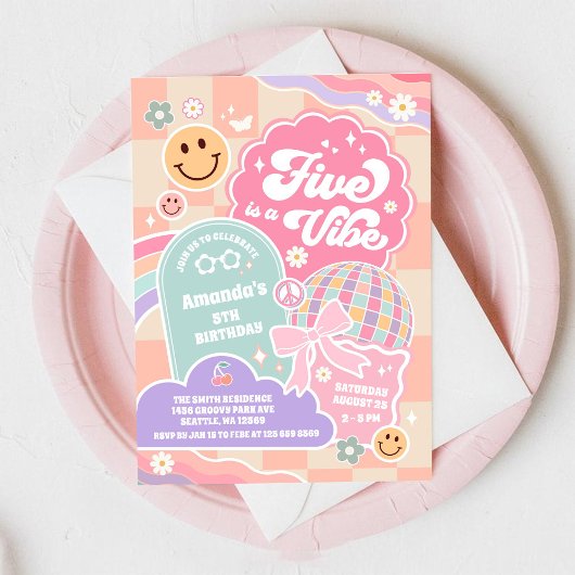 Five Is A Vibe Cloud Rainbow Disco 5th Birthday Einladung