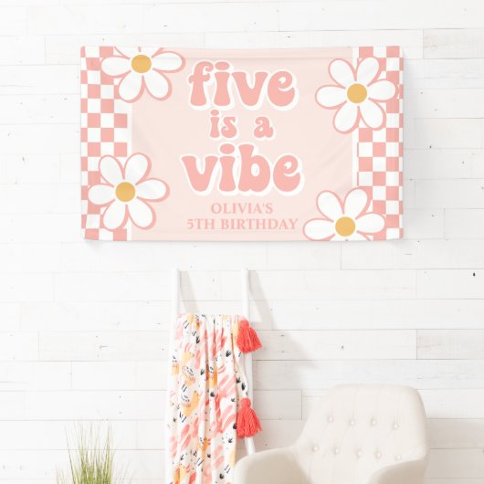 Five is a Vibe Pink Daisy Checker Banner (Insitu)