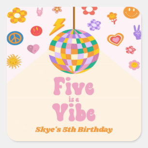Five Is A Vibe Retro Disco-Kugel 5. Geburtstagsfei Quadratischer Aufkleber