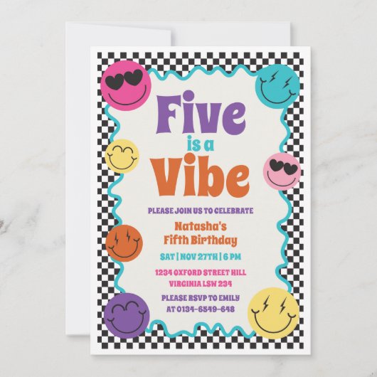 Five ist ein farbenfroher Retro-Lächeln zum Geburt Einladung (Vorderseite)