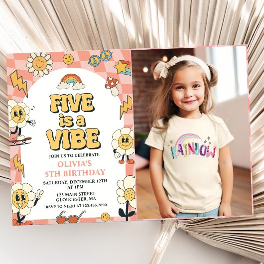 Five ist ein Vibe Daisy & Retro Van Pink 5. Geburt Einladung