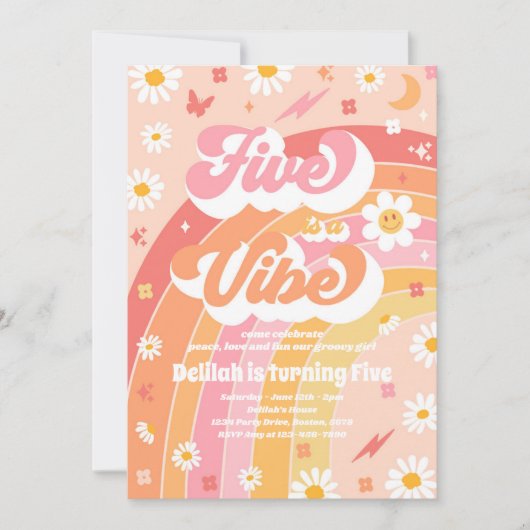 Five ist ein Vibe Groovy Hippie Rainbow 5. Geburts Einladung (Vorderseite)