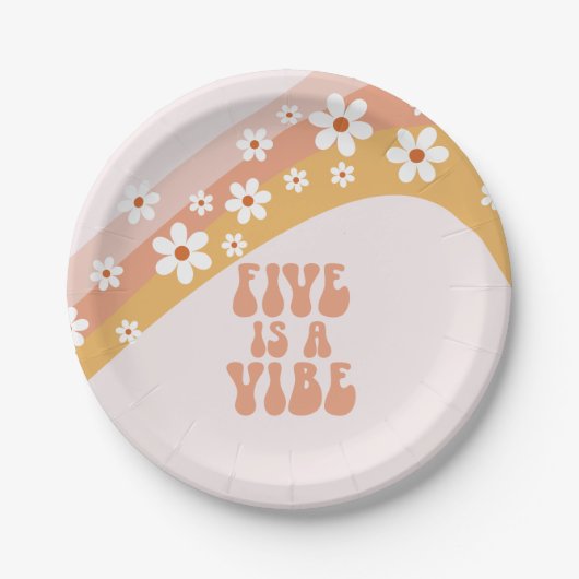 Five ist ein Vibe Groovy Retro Rainbow 5. Geburtst Pappteller (Vorderseite)