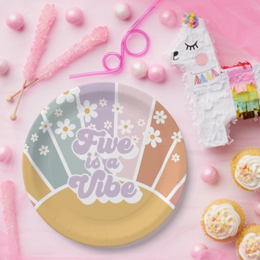 Five ist eine Vibe Retro Sunshine Rainbow Daisy Pappteller (Party)