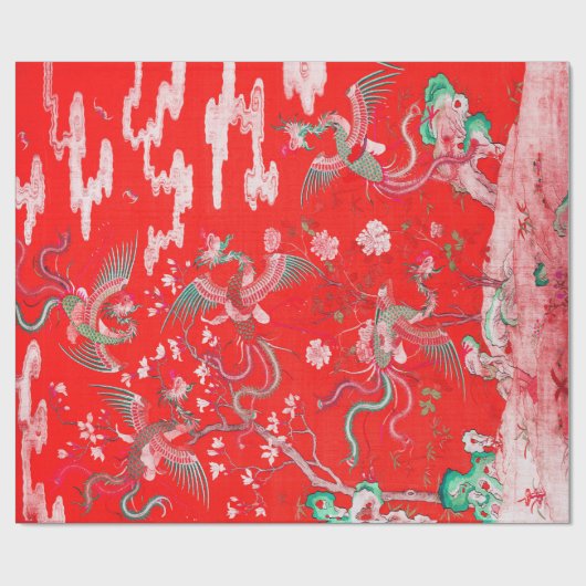 Five Phoenixes in Garden Chinese Red Floral Geschenkpapier (Flach)
