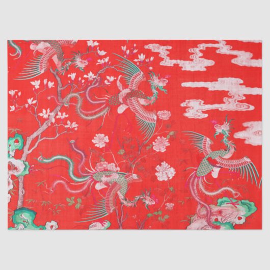 Five Phoenixes in Garden Chinese Red Floral  Seidenpapier (Vorderseite)