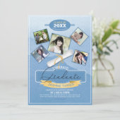 Five Photos on Watercolor Graduate Blue ID892 Einladung (Stehend Vorderseite)