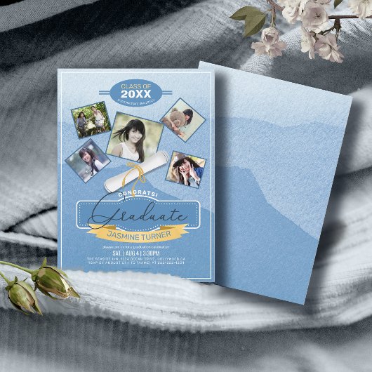 Five Photos on Watercolor Graduate Blue ID892 Einladung