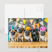 Five Pugs with Party Hats Together Postkarte (Vorne/Hinten)