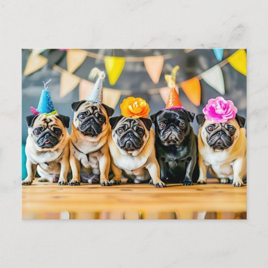 Five Pugs with Party Hats Together Postkarte (Vorderseite)