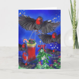 Five Robins mit Mistletoe und Xmas Strumpf Feiertagskarte