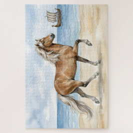 Fjara Icelandic Horse watercolor on the Beach Puzzle