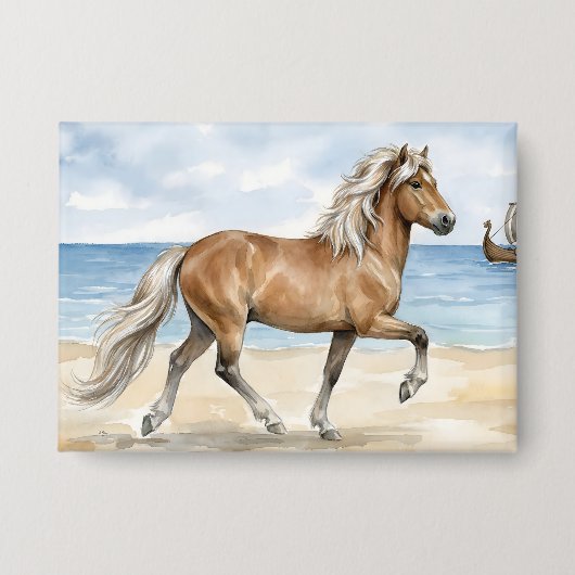 Fjara Isländisches Pferd Aquarell am Strand Button (Vorderseite)
