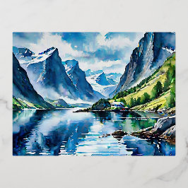 Fjord Landschaft Aquarellmalerei Folien Feiertagspostkarte