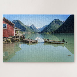 Fjordlandschaft mit Boot in Norwegen Puzzle