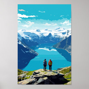 Fjords Norwegen Art Vintage Reise Illustration Poster