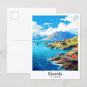 Fjords Norwegen Art Vintage Travel Illustration Postkarte