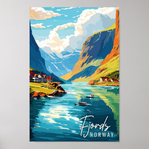 Fjords Norwegen Vintage Reise Illustration Poster