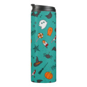 Flach-Style Halloween türkisfarbenes Muster. Thermosbecher (Nach rechts gedreht)