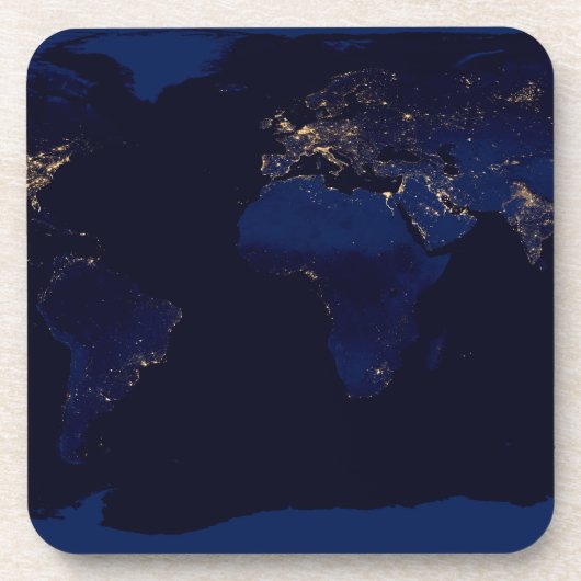 Flachbild-Karte der Erde, auf der die Lichter der  Getränkeuntersetzer (Vorderseite)