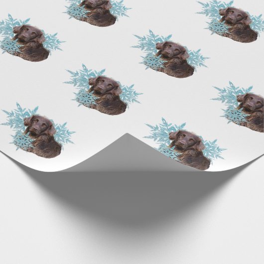 Flachbildschirm Retriever im Schneeflocken Geschenkpapier (Ecke)