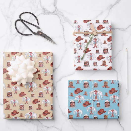Flachblatt-Set für 3 Western Geschenkpapier Set (Vorderseite)
