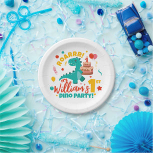 Flache Dino-Party zum 1. Geburtstag Bunt Pappteller
