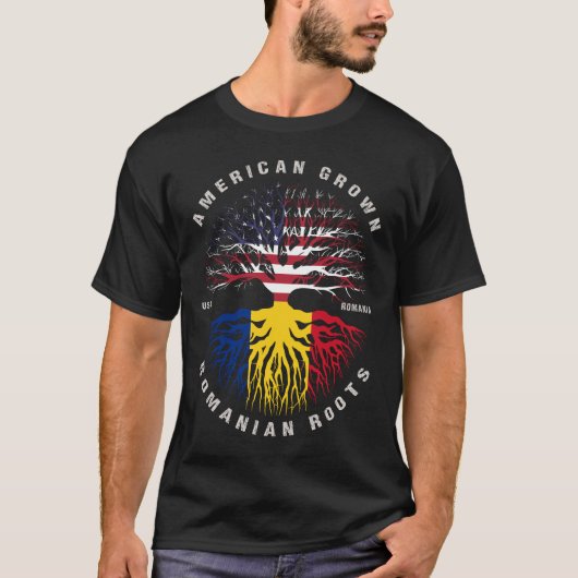 Flag "American Grown Romania Roots Romania" T-Shirt (Vorderseite)