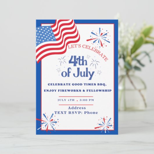 Flag & Fireworks Patriot Party Einladung (Stehend Vorderseite)