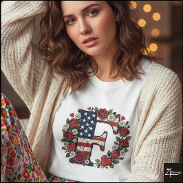 Flag Letter F Roses Wreath Monogram T-Shirt