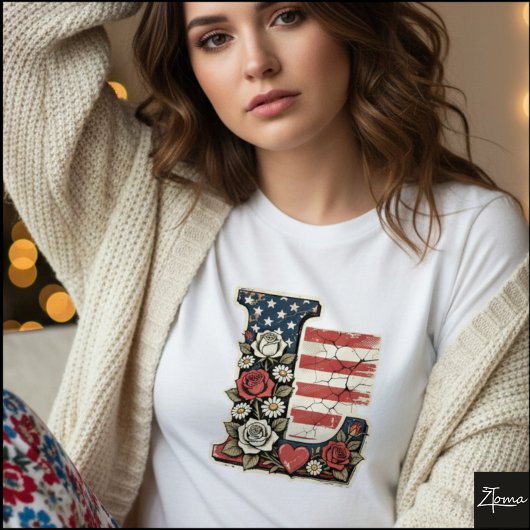 Flag Letter L Roses Heart Monogram T-Shirt