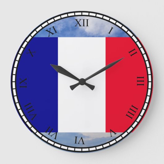 Flag of France Black Roman Numbers Round Clock Große Wanduhr (Vorderseite)