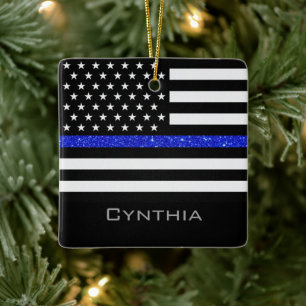 Flag "personalisiert Thin Blue Line Glitzer" Keramikornament