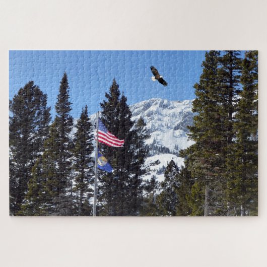 Flag und Adler mit Berg im Hintergrund Puzzle (Horizontal)